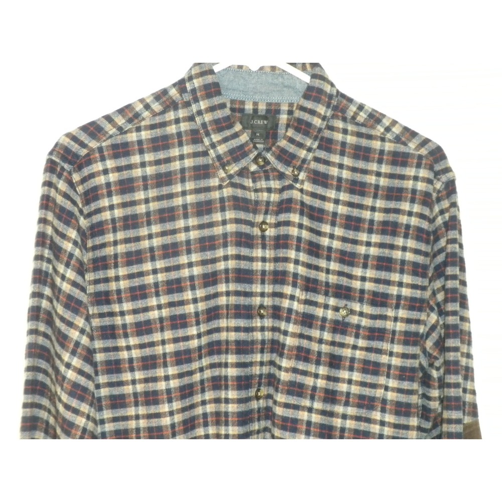 J Crew Shirt Mens M Blue Brown Plaid Flannel Wool Blend Leather Elbow Patch - Picture 4 of 11